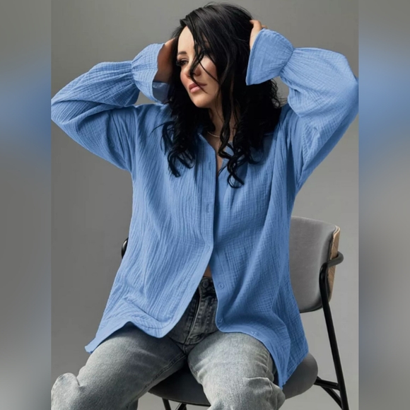 Textured Collared Neck Flounce Sleeve Button Down Shirt - Picture 1 of 6